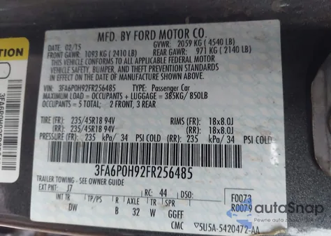 2015 Ford Fusion Se from USA, damaged, VIN 3FA6P0H92FR256485